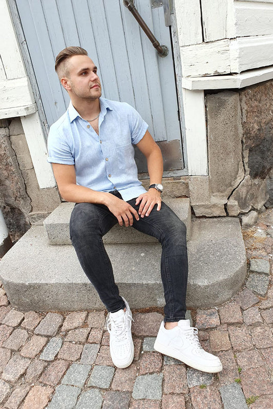 Bypias-chemise-manches courtes-homme-lin-bleu Oxford-Johan